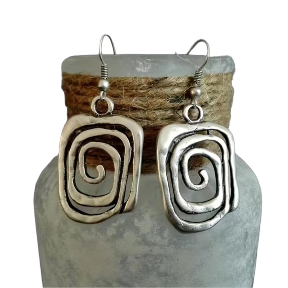 Boho Silver Geometric Square Swirl Drop Earrings